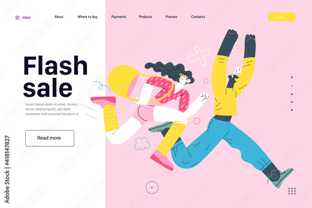 Discounts, sale, promotion, web template - modern flat vector concept illustration of a man and a woman running in the pursuit of the discounts, with a big percent sign on the background. Flash sale Discounts, sale, promotion, web template - modern flat vector concept illustration of a man and a woman running in the pursuit of the discounts, with a big percent sign on the background. Flash sale