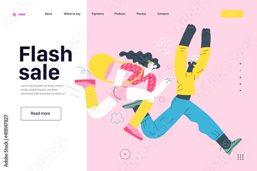 Discounts, sale, promotion, web template - modern flat vector concept illustration of a man and a woman running in the pursuit of the discounts, with a big percent sign on the background. Flash sale