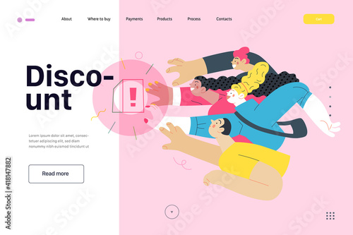 Discounts, sale, promotion- web template -modern flat vector concept illustration of people crowd raising hands trying to get a limited offer product with an exclamation sign, in pursuit. Discount
