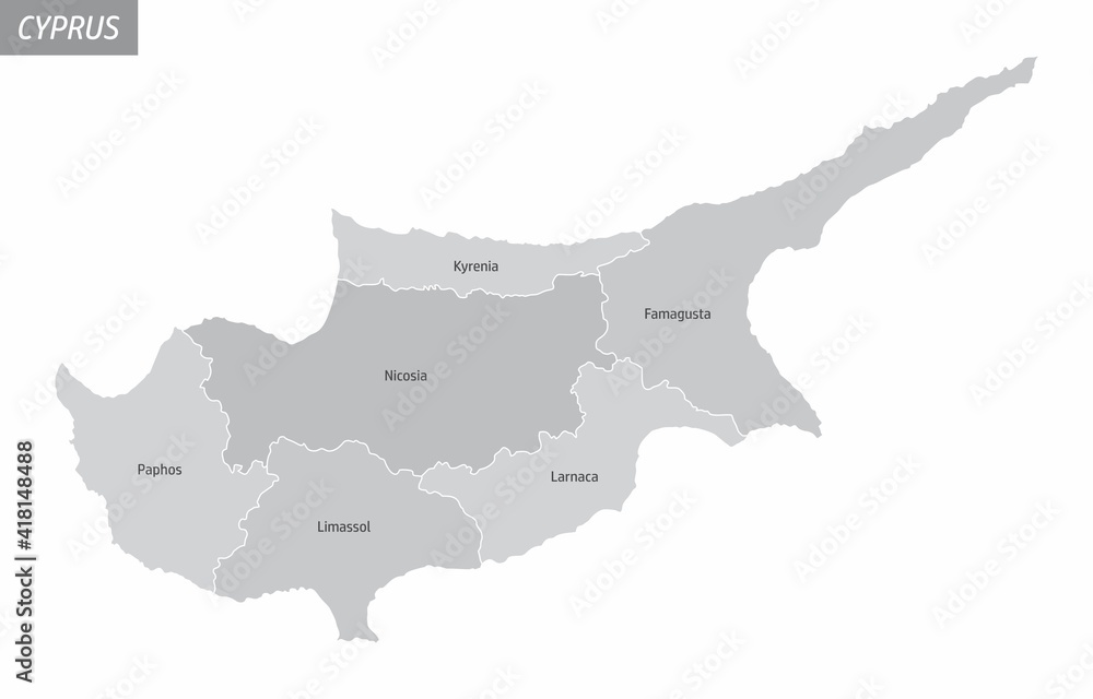 The Cyprus isolated map divided in districts with labels