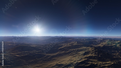 Exoplanet fantastic landscape. Beautiful views of the mountains and sky with unexplored planets. 3D illustration.