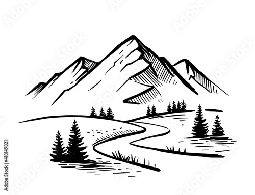 Landscape with large mountains. Nature sketch with road and fir trees. Hand drawn