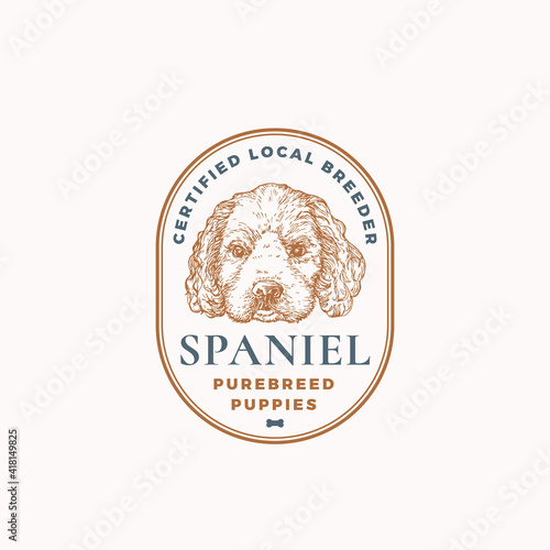 Certified Dog Breeder Frame Badge or Logo Template. Hand Drawn Spaniel Puppy Face Sketch with Retro Typography and Borders. Vintage Premium Emblem. Isolated