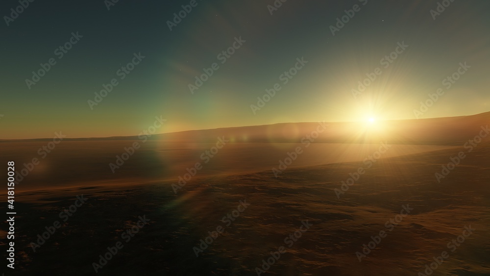 Exoplanet fantastic landscape. Beautiful views of the mountains and sky with unexplored planets. 3D illustration.