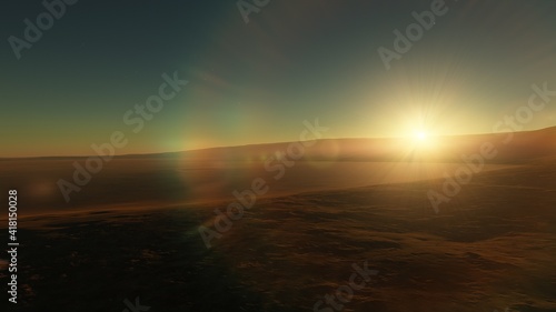 Exoplanet fantastic landscape. Beautiful views of the mountains and sky with unexplored planets. 3D illustration. © ANDREI