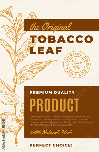 The Original Tobacco Leaf Abstract Vector Design Label. Modern Typography and Hand Drawn Plant Branch with Leaves Sketch Silhouette Background Layout. Isolated