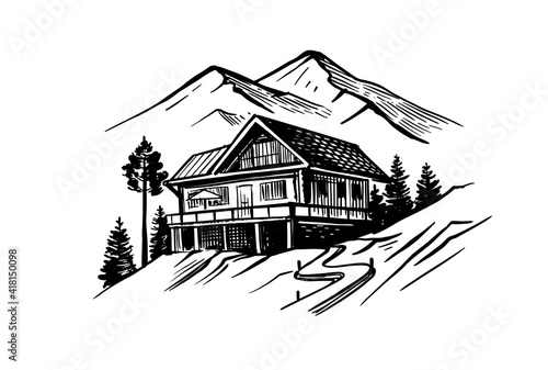 Small hotel in mountains. Wooden house in nature with fir trees and walkway sketch style