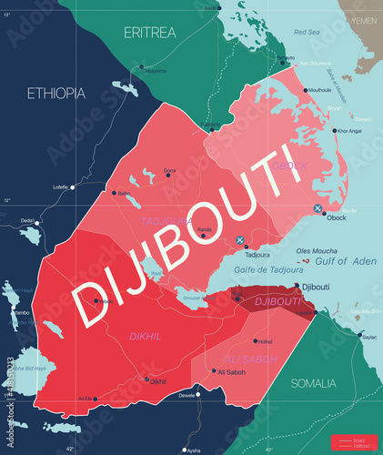 Dijibouti country detailed editable map with regions cities and towns, roads and railways, geographic sites. Vector EPS-10 file