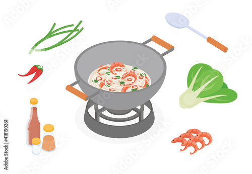 Stir frying set, wok, pad thai with shrimp. Isometric vector illustration in flat design.