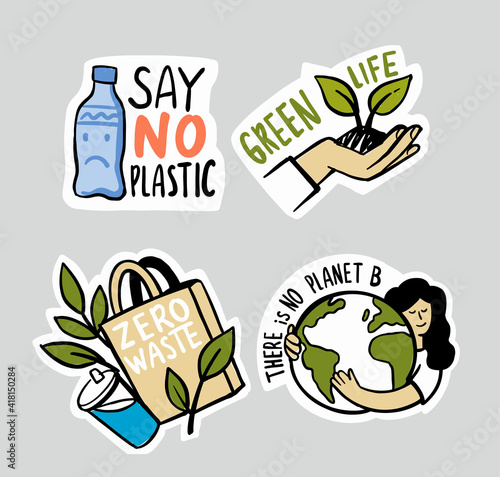 Ecologic labels. Eco safe emblems, green safe plant. Sticker zero waste