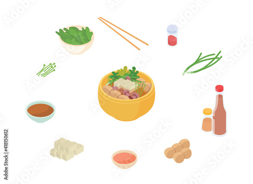 Food set, making ramen. Isometric vector illustration in flat design.
