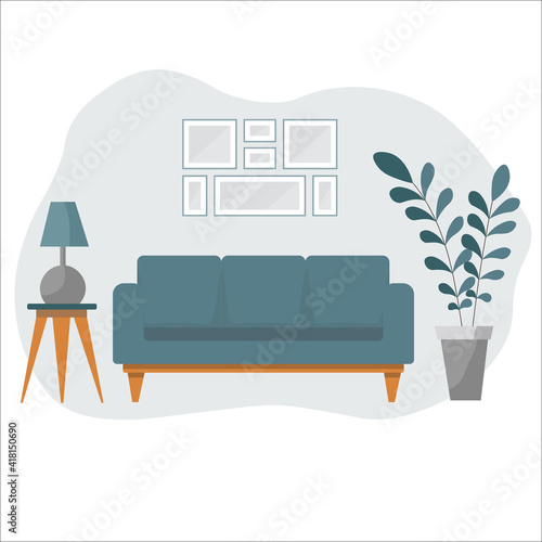 Living room interior with sofa, houseplants and dihome decorations. Modern apartment decorated scandinavian style. Flat cartoon vector illustration.