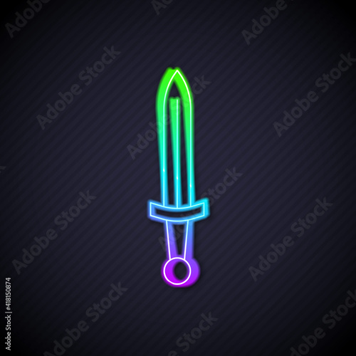 Glowing neon line Medieval sword icon isolated on black background. Medieval weapon. Vector.