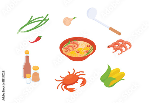 Chowder soup with shrimp and corn set. Isometric vector illustration in flat design.
