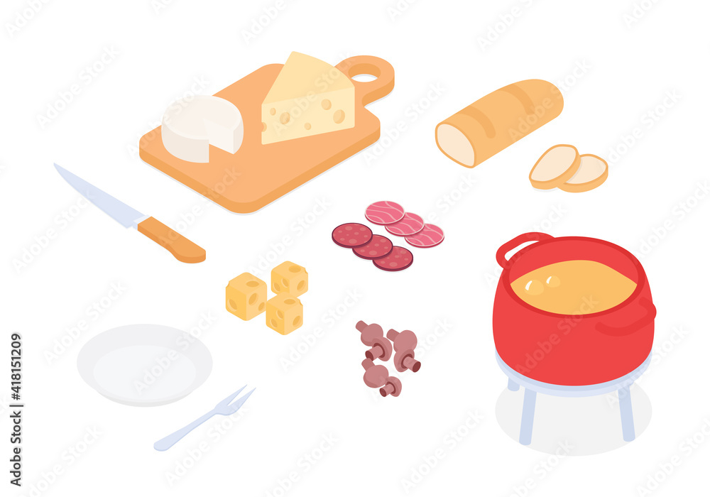 Founde set with cheeses, bread. Isometric vector illustration in flat design. Founde set with cheeses, bread. Isometric vector illustration in flat design.