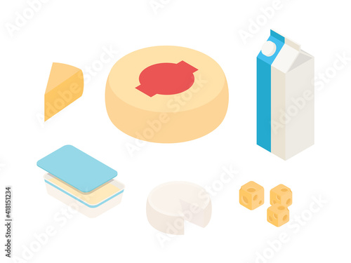 Dairy, cheeses, milk products, groceries set. Isometric vector illustration in flat design.