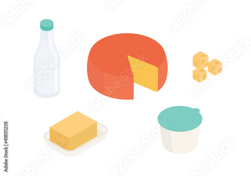 Dairy, cheeses, milk products, groceries set. Isometric vector illustration in flat design.
