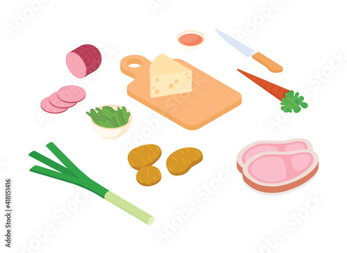Meal preparation set. Isometric vector illustration in flat design.