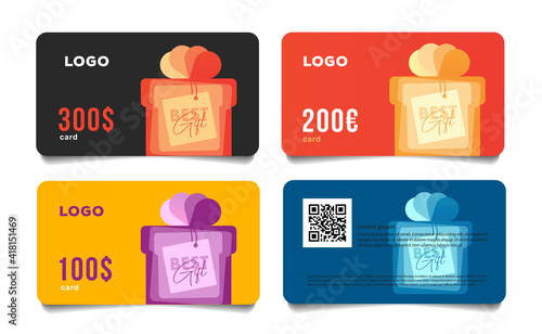 Gift card template with stylized gift box illustration with best wishes note tag, money equivalent, layout front and back