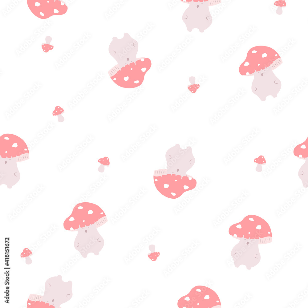 Cute red toadstool seamless pattern. Fantasy mushroom pattern on white background. Fairy tale fly agaric mushroom ornament. Anime style seamless mushroom pattern for fabric, paper, decoration.