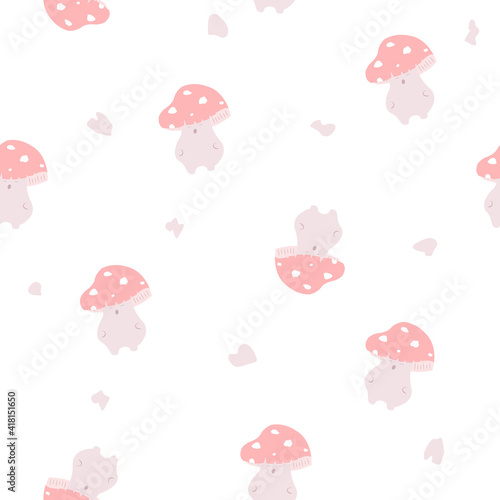 Cute red mushroom seamless pattern. bizarre mushroom pattern on white seamless background. Fairy tale fly agaric mushroom ornament and funny fly agaric character. Fantasy toadstool pattern design.