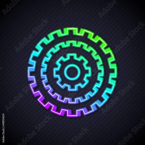 Glowing neon line Bicycle cassette mountain bike icon isolated on black background. Rear Bicycle Sprocket. Chainring crankset with chain. Vector.
