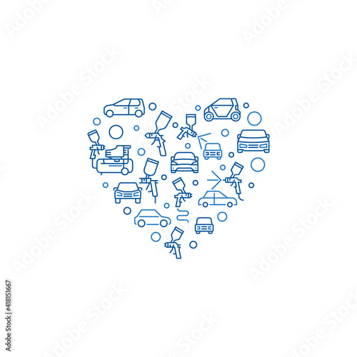 Car Paint Heart vector concept outline illustration - Auto Body Painting symbol with Paint Sprayer line icons