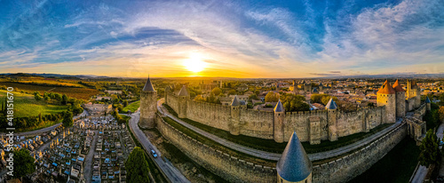 Aerial view of Carcassonne, a French fortified city in France