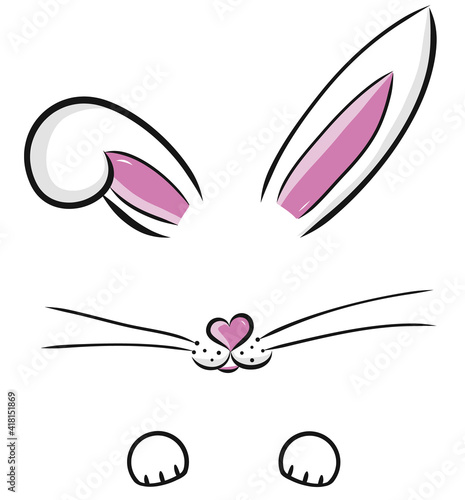 Easter bunny cute vector illustration drawn by hand. Bunny face, ears and tiny muzzle with whiskers isolated on white background