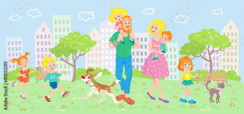 Happy young family walks in the city park with children and pets. Around trees, houses, grass and flowers. In cartoon style. Vector illustration.