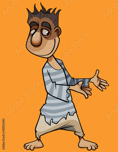 cartoon smiling man in torn clothes demonstrates something