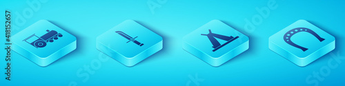 Set Isometric Retro train, Military knife, Horseshoe and Indian teepee or wigwam icon. Vector.