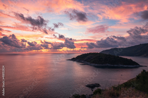 Scenery of tropical sea with colorful sky on Laem Promthep Cape, Phuket at the sunset © Mumemories