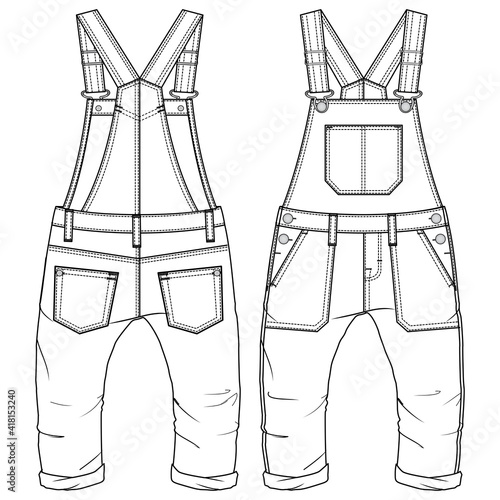 Toddler Boys Dungaree fashion flat sketch template. Technical Fashion Illustration. Infant Woven Overall 