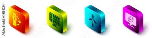 Set Isometric Recycling plastic bottle, Solar energy panel, Wind turbine and Location with leaf icon. Vector.