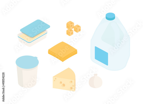 Dairy, cheeses, milk products, groceries set. Isometric vector illustration in flat design.