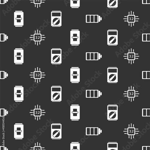 Set Battery charge level indicator, Processor with microcircuits CPU, Electric light switch and Multimeter on seamless pattern. Vector.