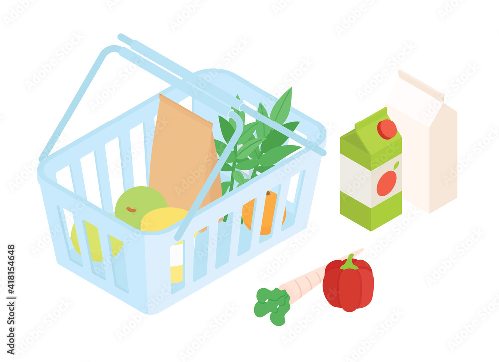 Shopping cart, groceries set. Isometric vector illustration in flat design.