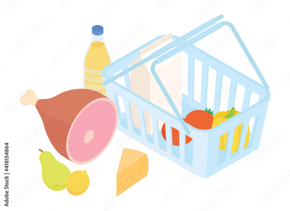 Fototapeta premium Shopping basket, groceries set. Isometric vector illustration in flat design.
