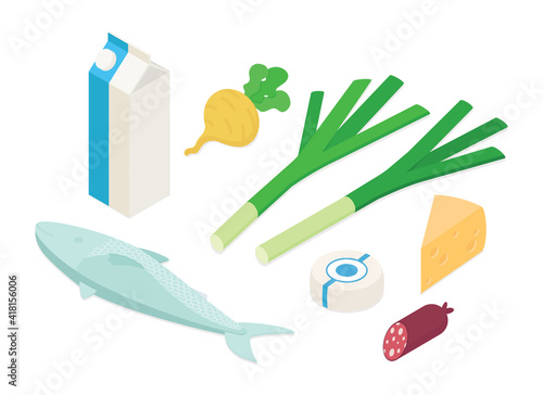 Meal preparation set, grocery shopping. Isometric vector illustration in flat design.