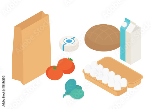 Shopping bag, groceries set. Isometric vector illustration in flat design.