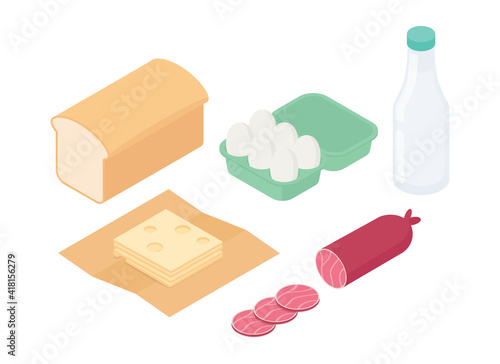 Food set - bread, eggs, ham, milk, cheese. Isometric vector illustration in flat design.