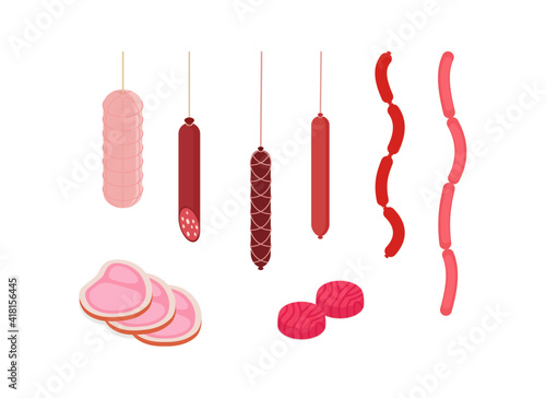 Meat and ham set, butcher shop. Isometric vector illustration in flat design.
