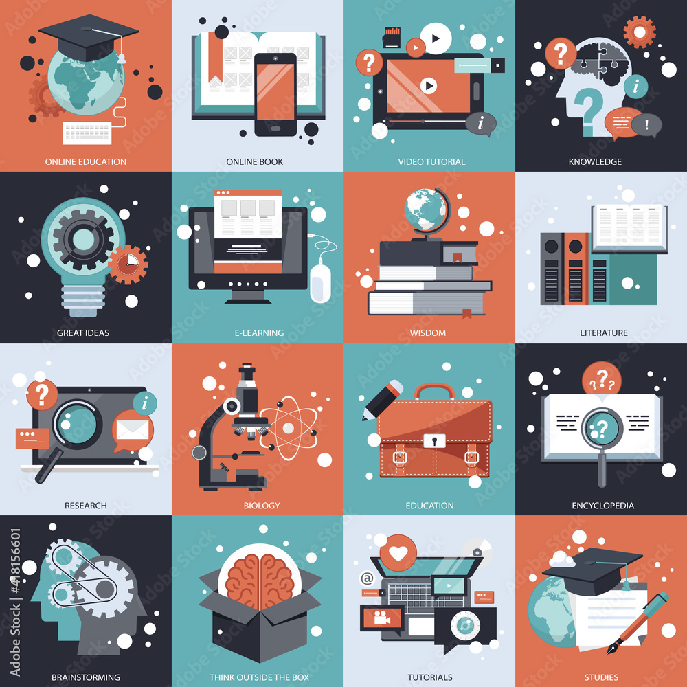 Education, knowledge, online tutorials and online learning icon set. Flat vector illustration Education, knowledge, online tutorials and online learning icon set. Flat vector illustration