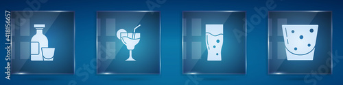 Set Alcohol drink Rum, Cocktail, Glass of beer and rum. Square glass panels. Vector.