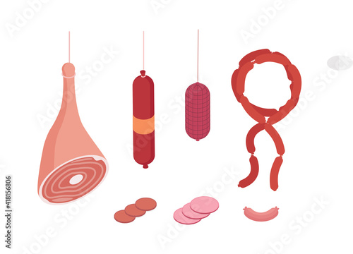 Meat and ham set, butcher shop. Isometric vector illustration in flat design.