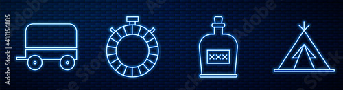 Set line Alcohol drink Rum bottle, Wild west covered wagon, Canteen water bottle, Indian teepee or wigwam and Harmonica. Glowing neon icon on brick wall. Vector.