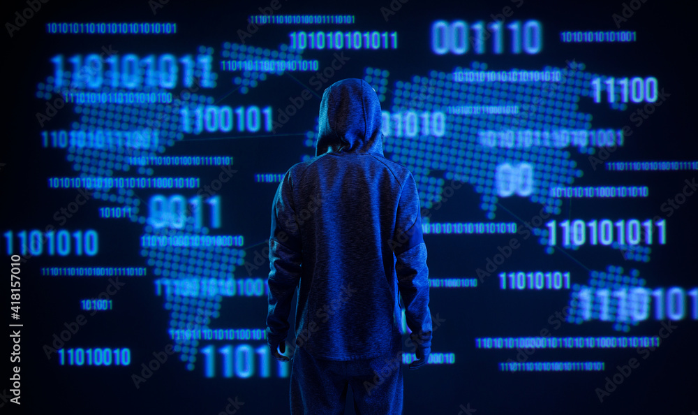 Dangerous hacker. Internet, cyber crime, cyber attack, system breaking and malware concept. Dark background. Futuristic holographic interface to display data. Dangerous hacker. Internet, cyber crime, cyber attack, system breaking and malware concept. Dark background. Futuristic holographic interface to display data.