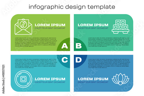 Set line Chinese Yuan currency, Yin Yang and envelope, Lotus flower and Sushi on cutting board. Business infographic template. Vector.