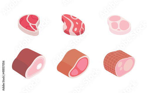 Meat and ham set, butcher shop. Isometric vector illustration in flat design.